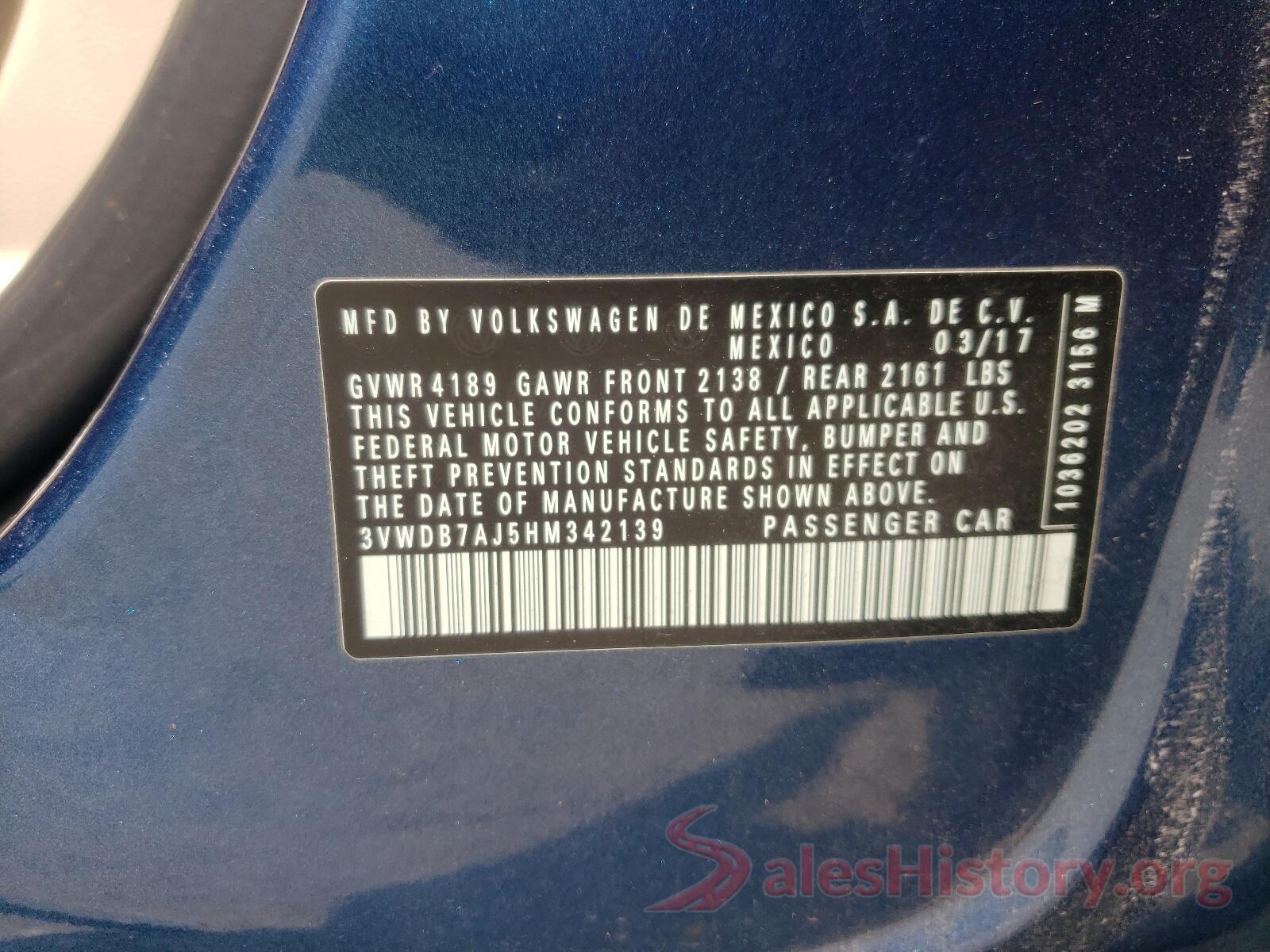 3VWDB7AJ5HM342139 2017 VOLKSWAGEN JETTA