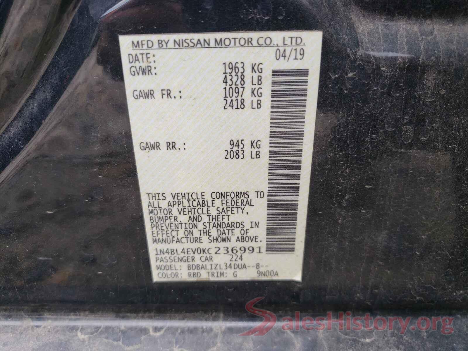 1N4BL4EV0KC236991 2019 NISSAN ALTIMA