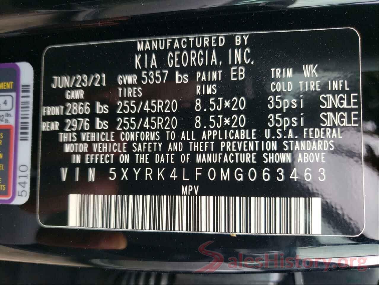 5XYRK4LF0MG063463 2021 KIA SORENTO