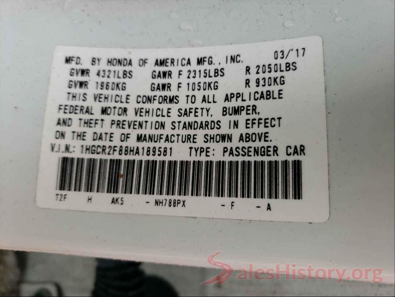 1HGCR2F88HA189581 2017 HONDA ACCORD