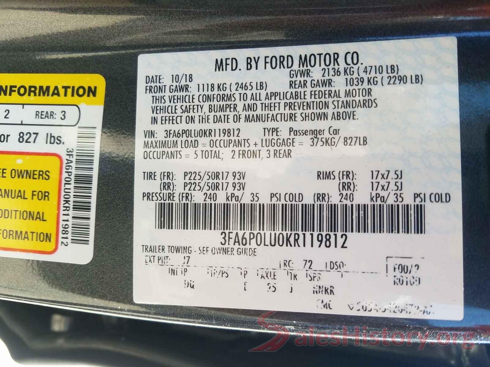 3FA6P0LU0KR119812 2019 FORD FUSION