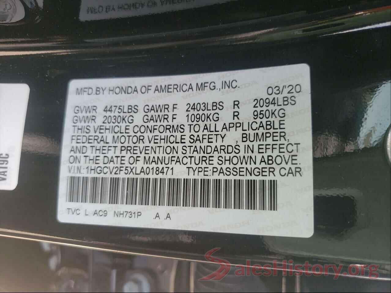 1HGCV2F5XLA018471 2020 HONDA ACCORD