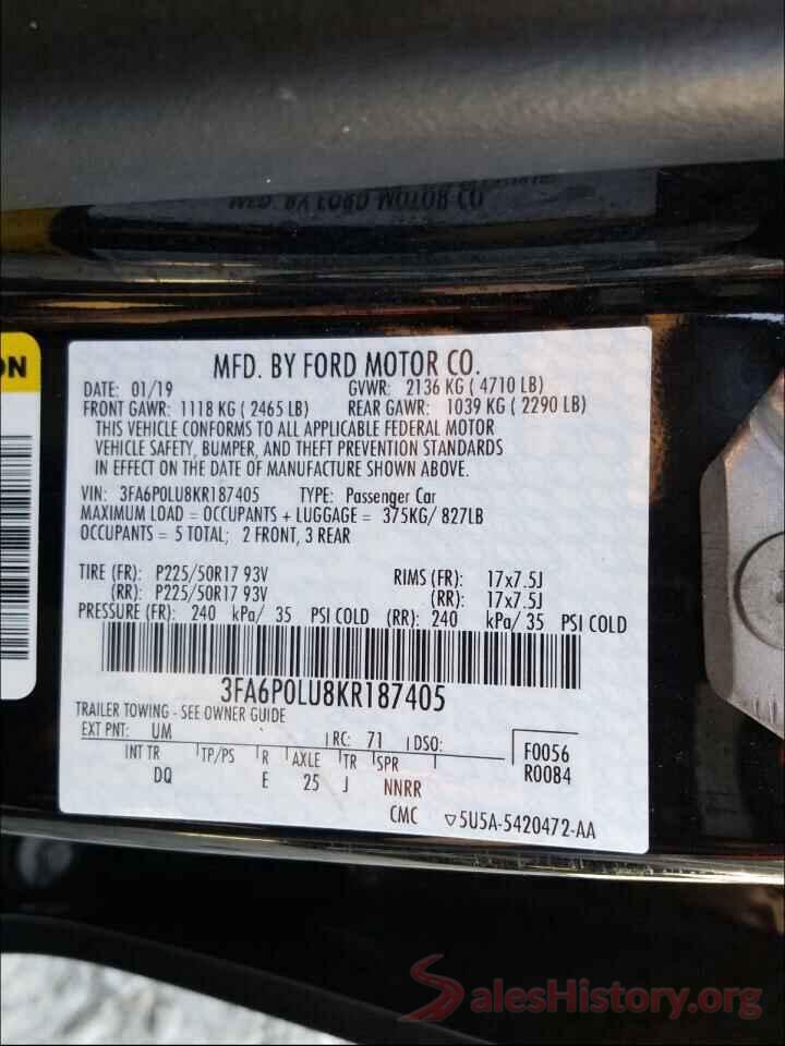 3FA6P0LU8KR187405 2019 FORD FUSION