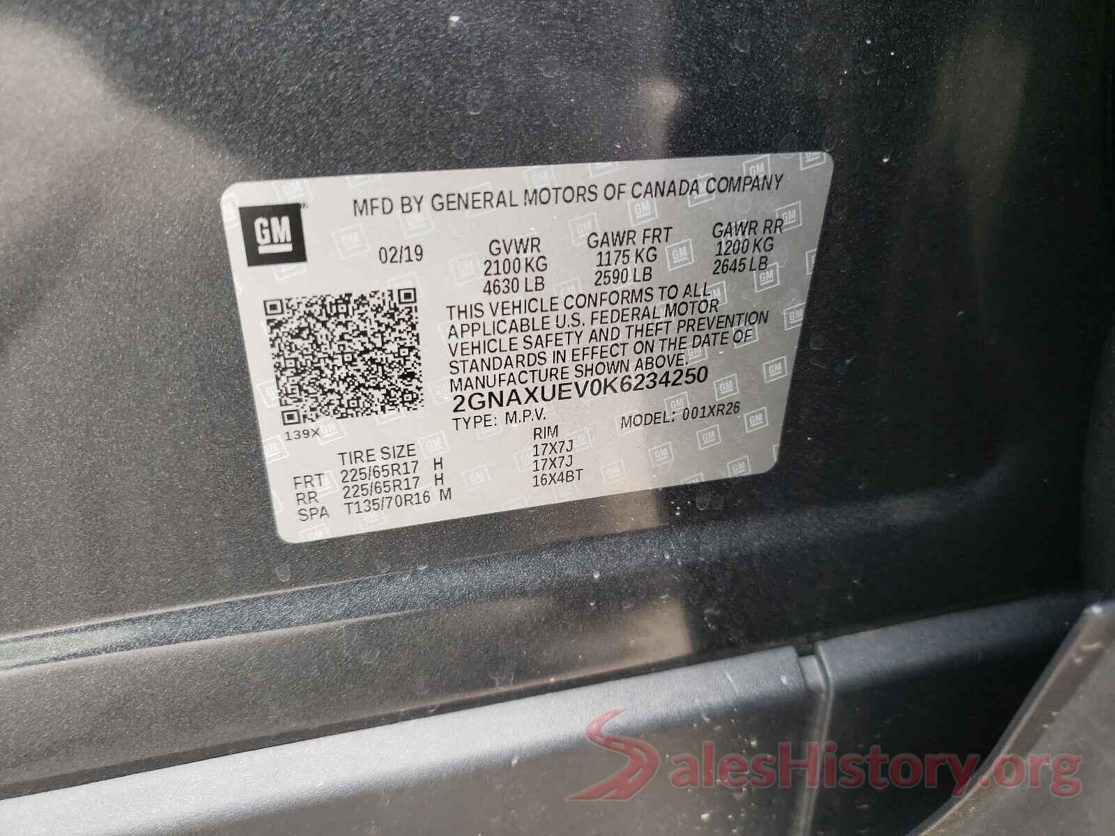 2GNAXUEV0K6234250 2019 CHEVROLET EQUINOX