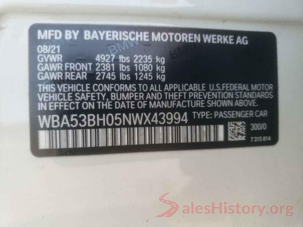 WBA53BH05NWX43994 2022 BMW 5 SERIES