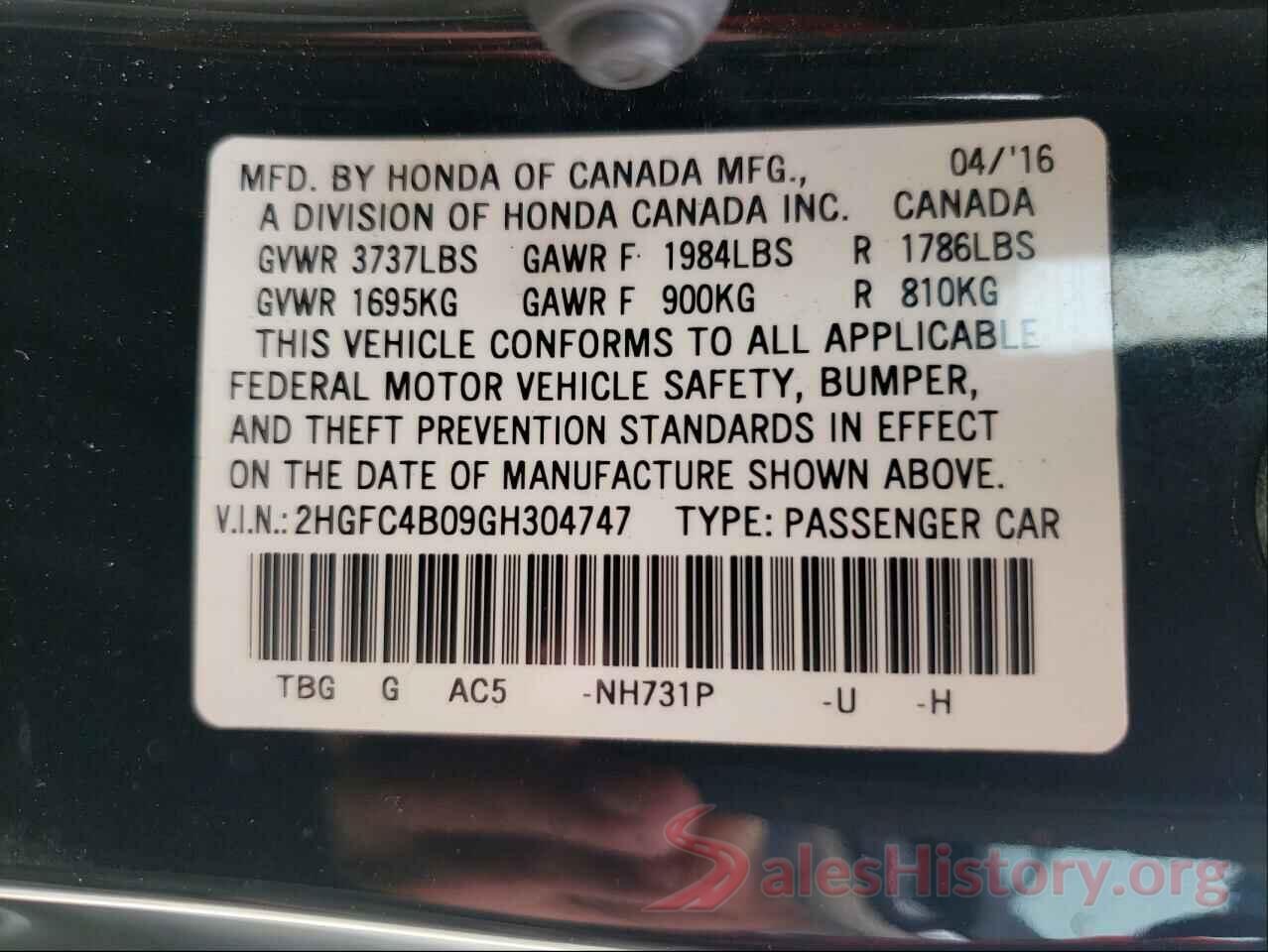 2HGFC4B09GH304747 2016 HONDA CIVIC