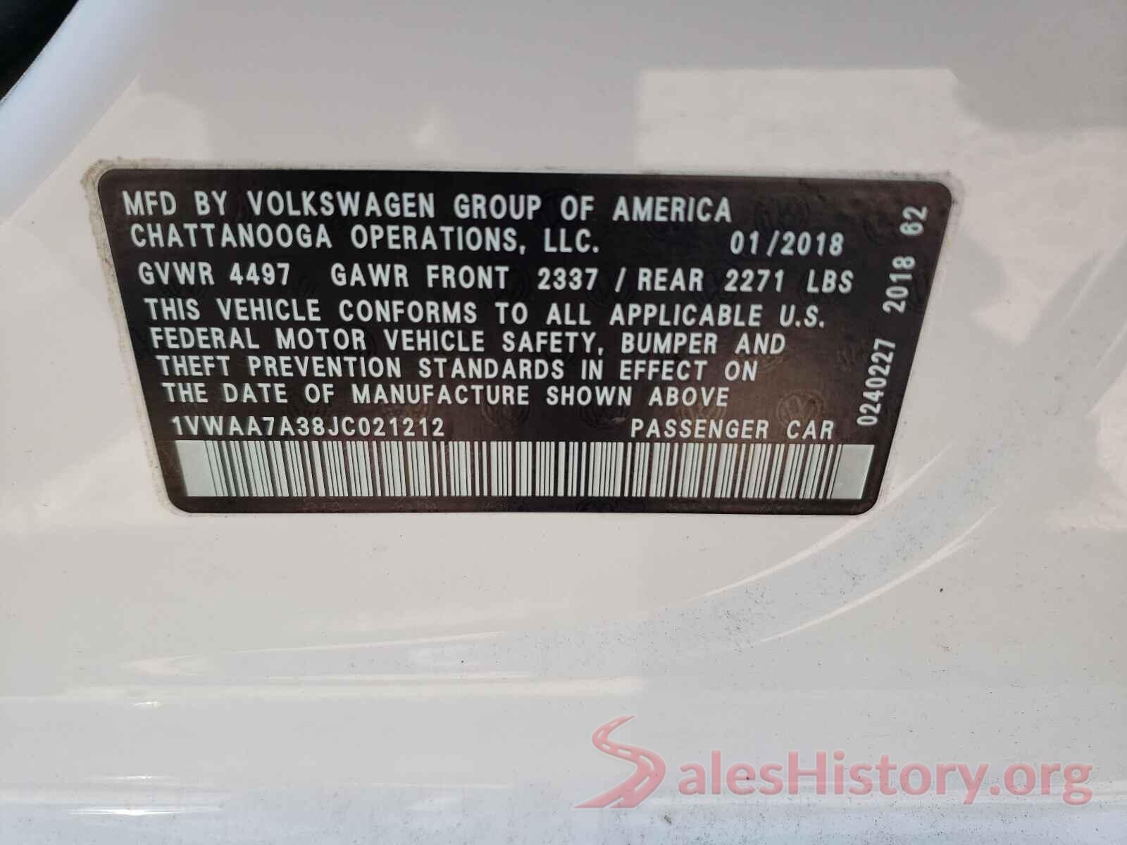 1VWAA7A38JC021212 2018 VOLKSWAGEN PASSAT