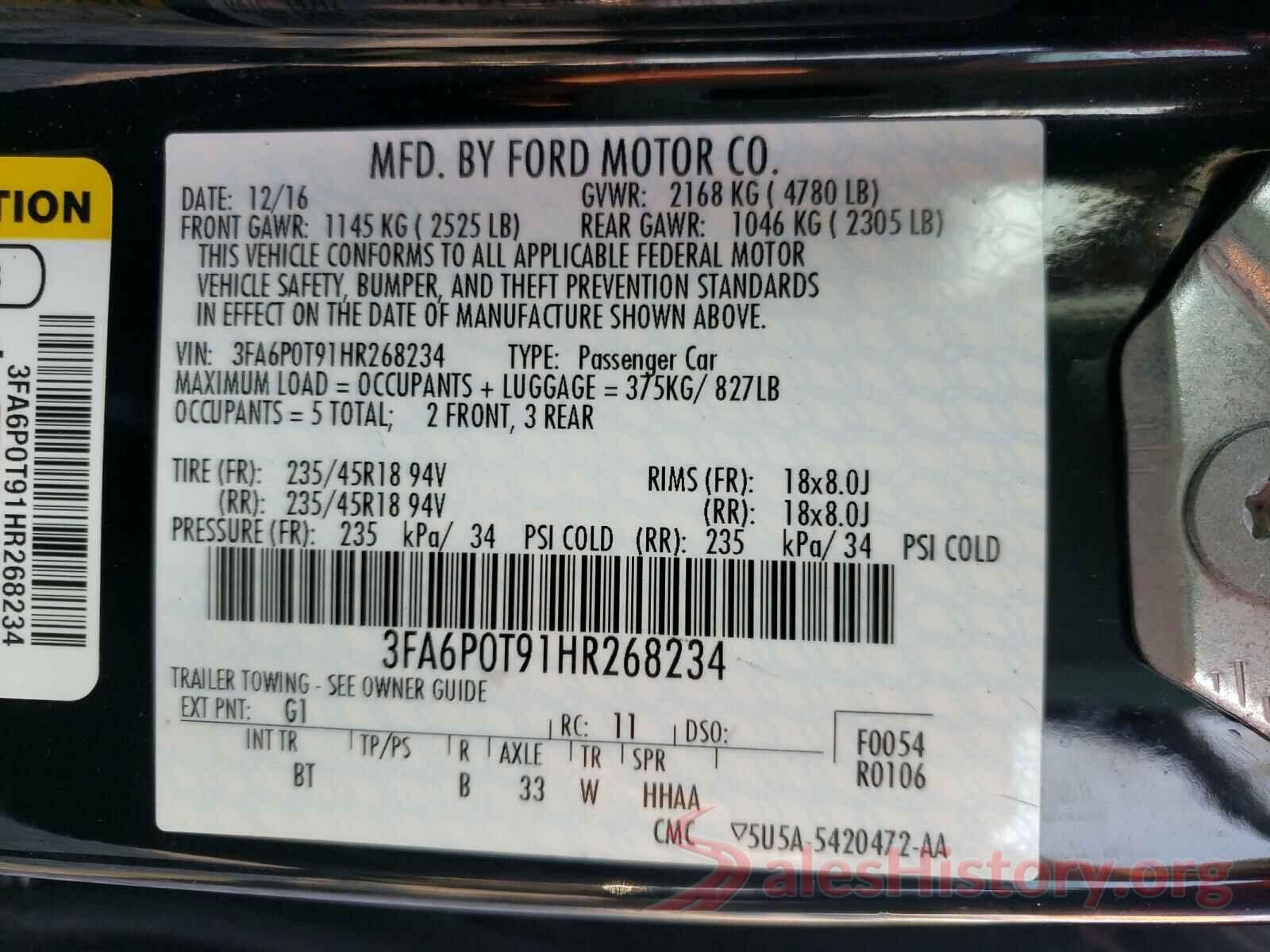 3FA6P0T91HR268234 2017 FORD FUSION