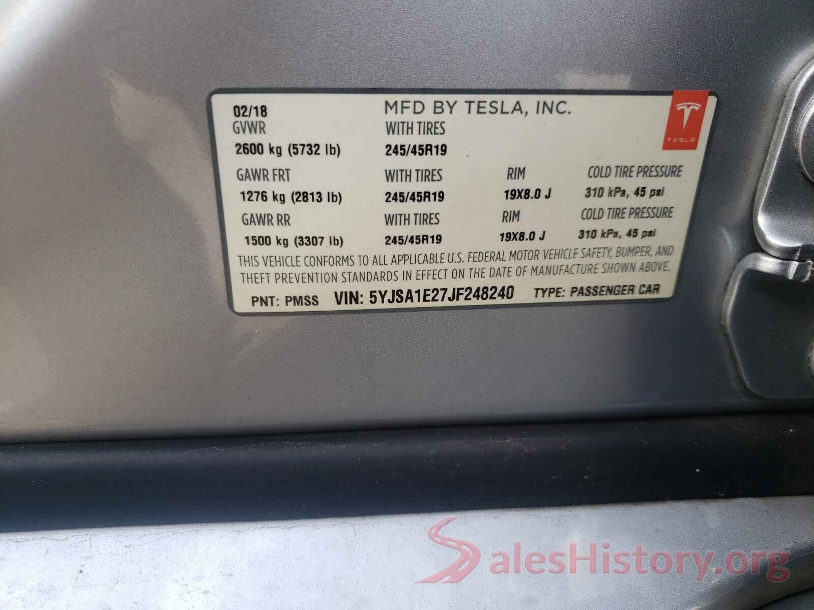 5YJSA1E27JF248240 2018 TESLA MODEL S