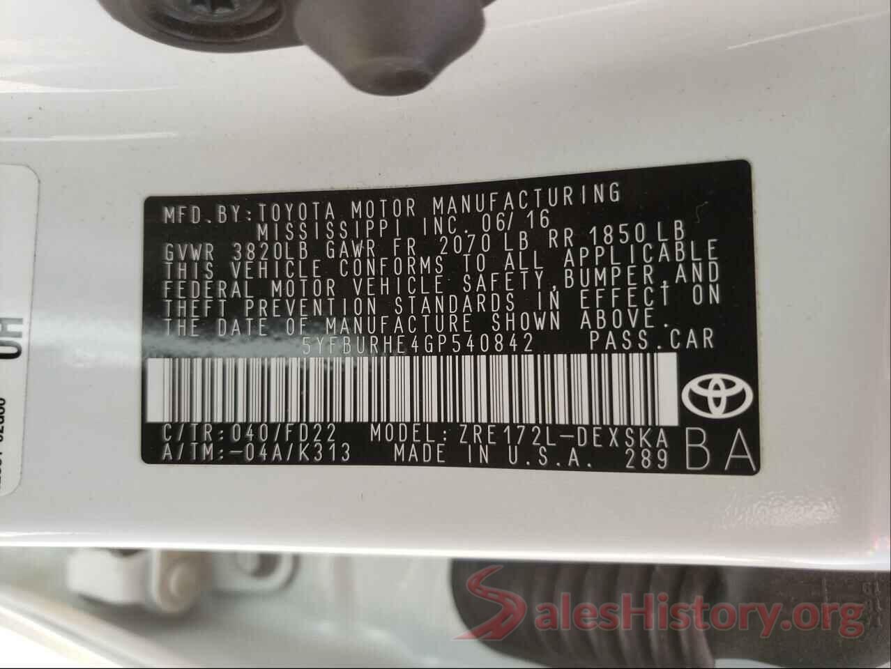 5YFBURHE4GP540842 2016 TOYOTA COROLLA