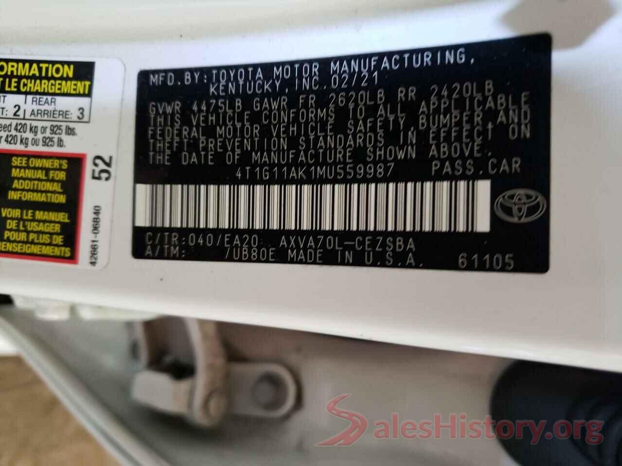 4T1G11AK1MU559987 2021 TOYOTA CAMRY