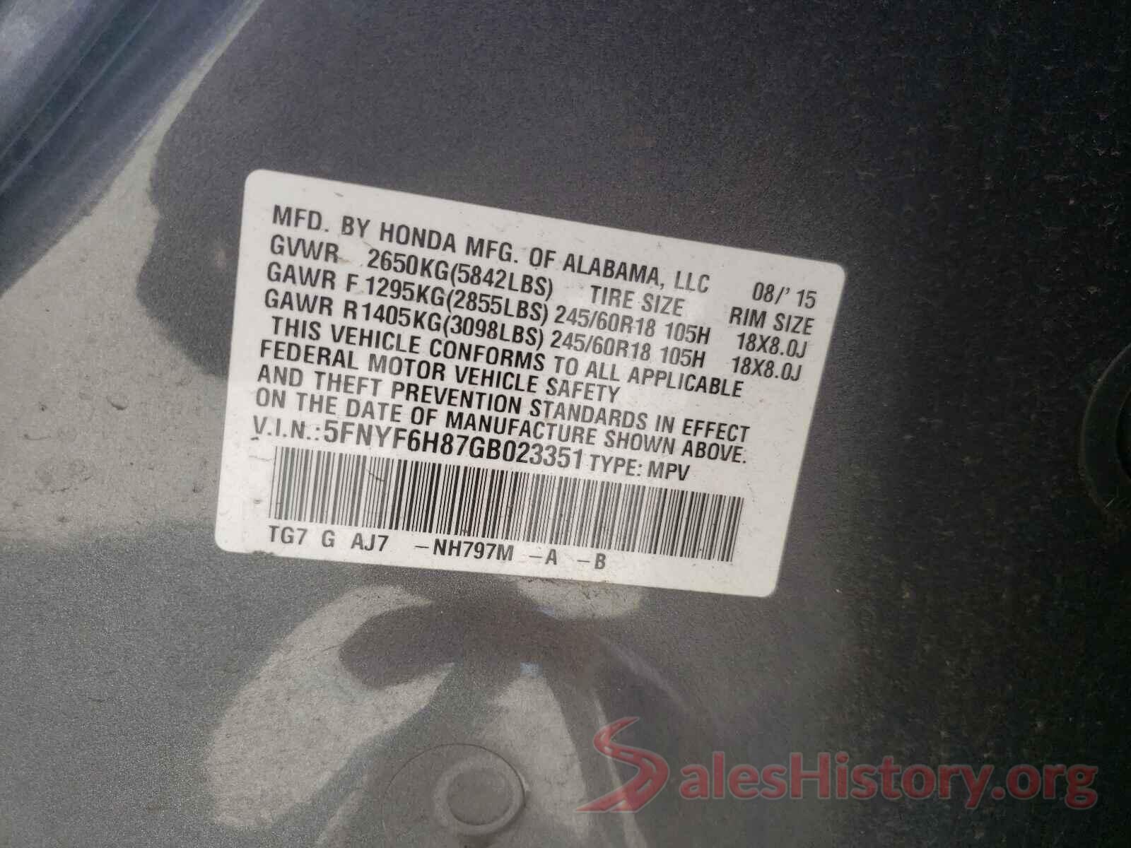 5FNYF6H87GB023351 2016 HONDA PILOT