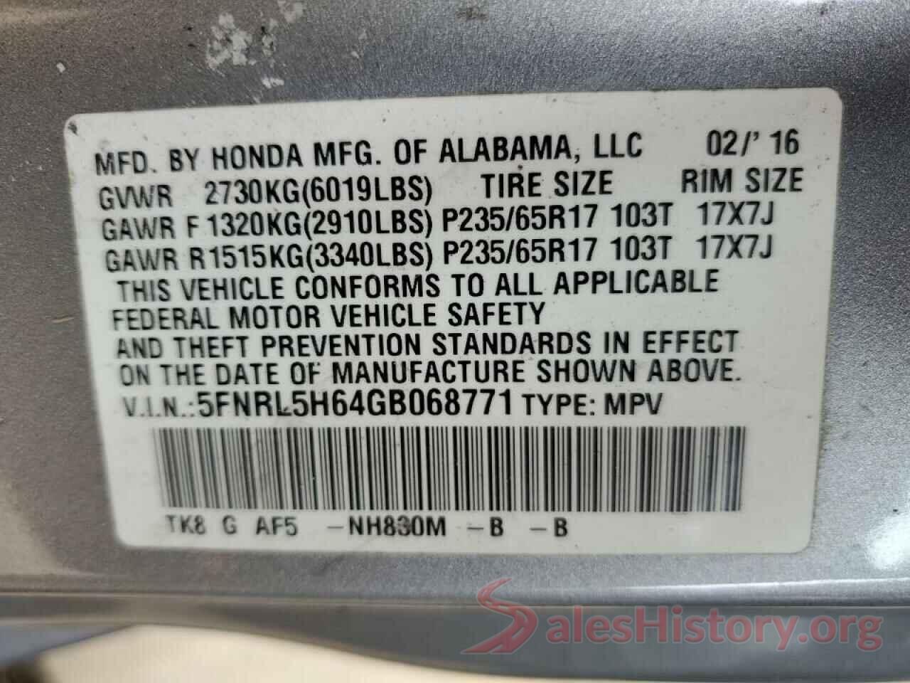 5FNRL5H64GB068771 2016 HONDA ODYSSEY