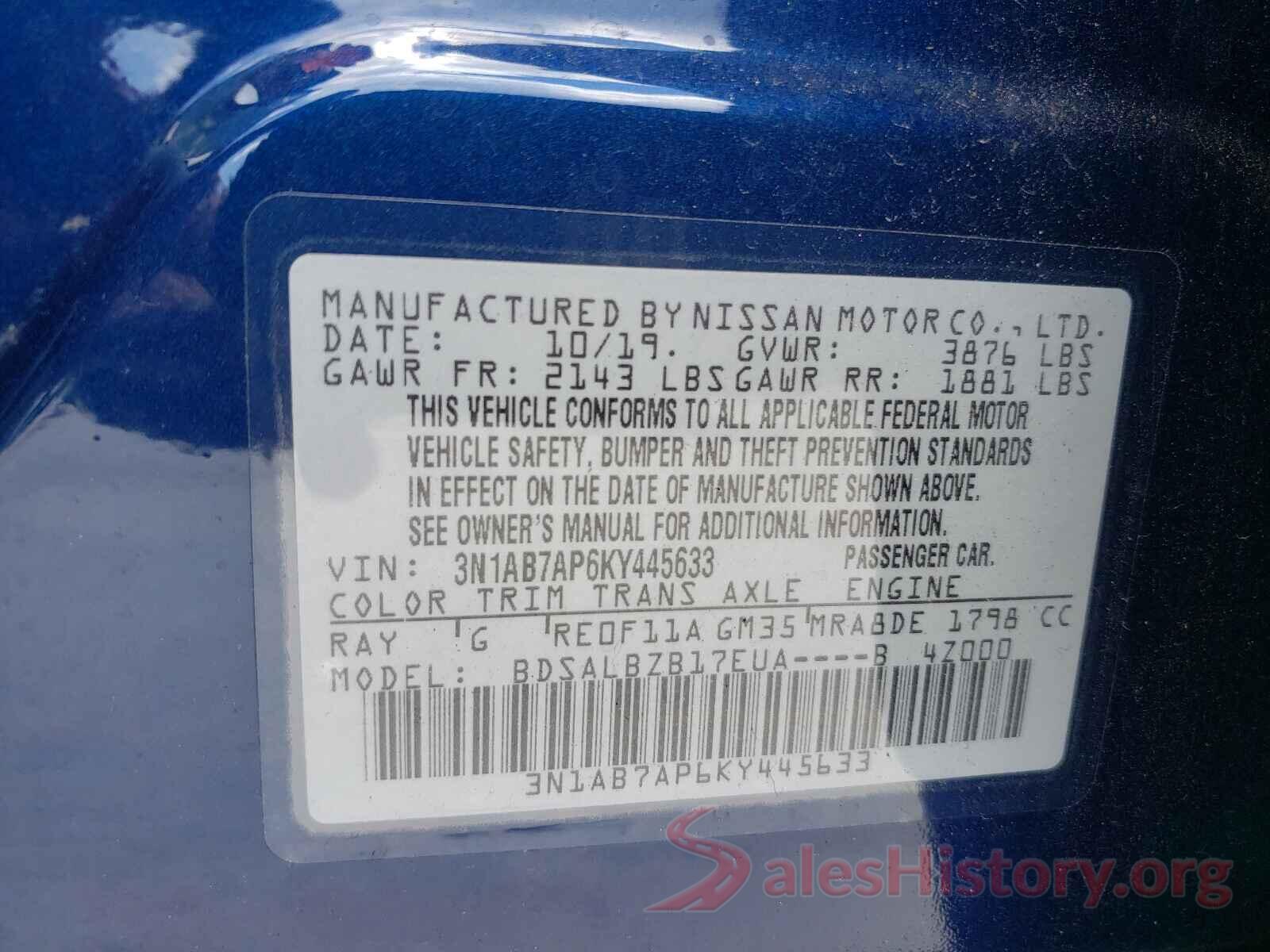 3N1AB7AP6KY445633 2019 NISSAN SENTRA