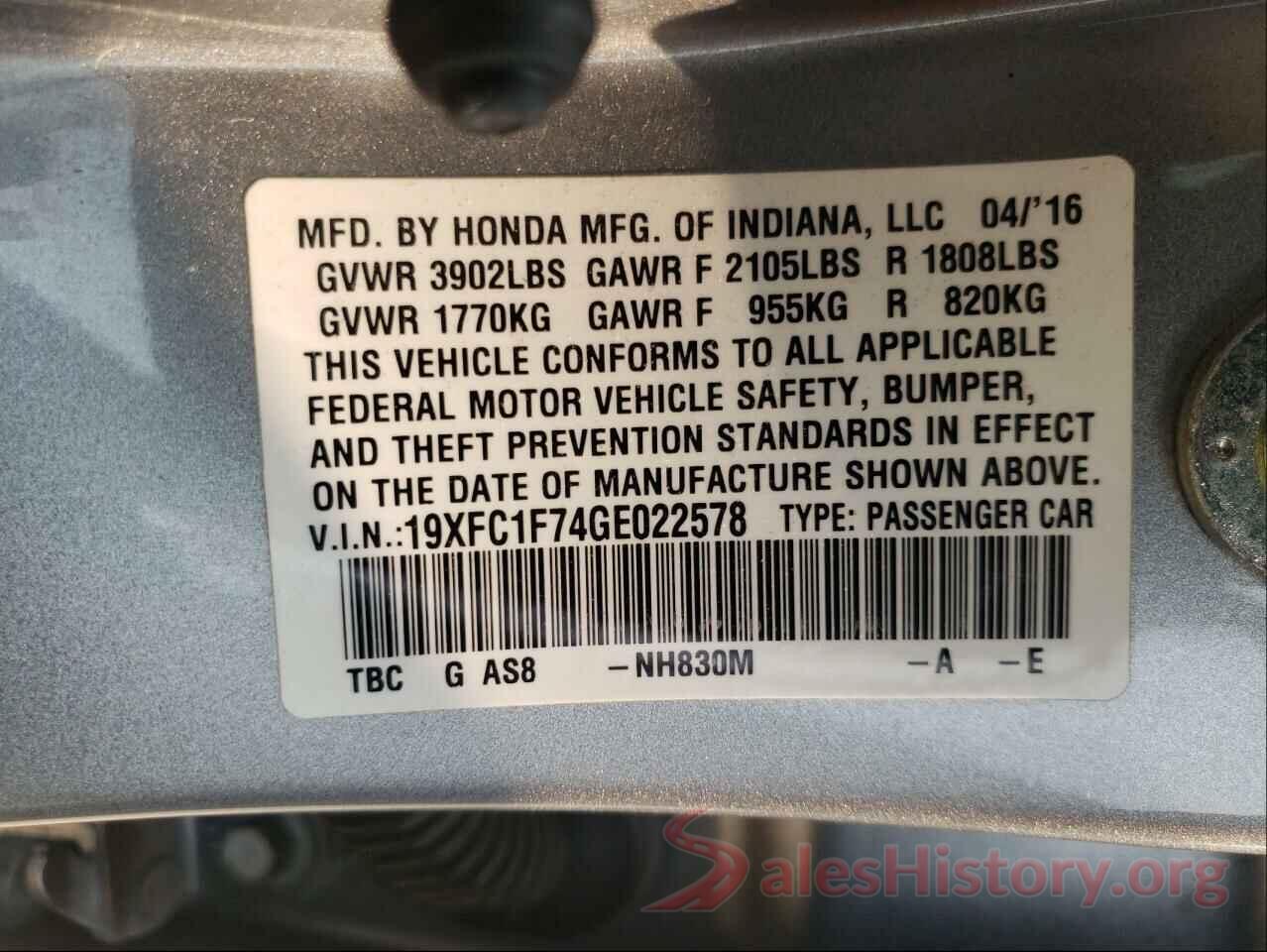 19XFC1F74GE022578 2016 HONDA CIVIC