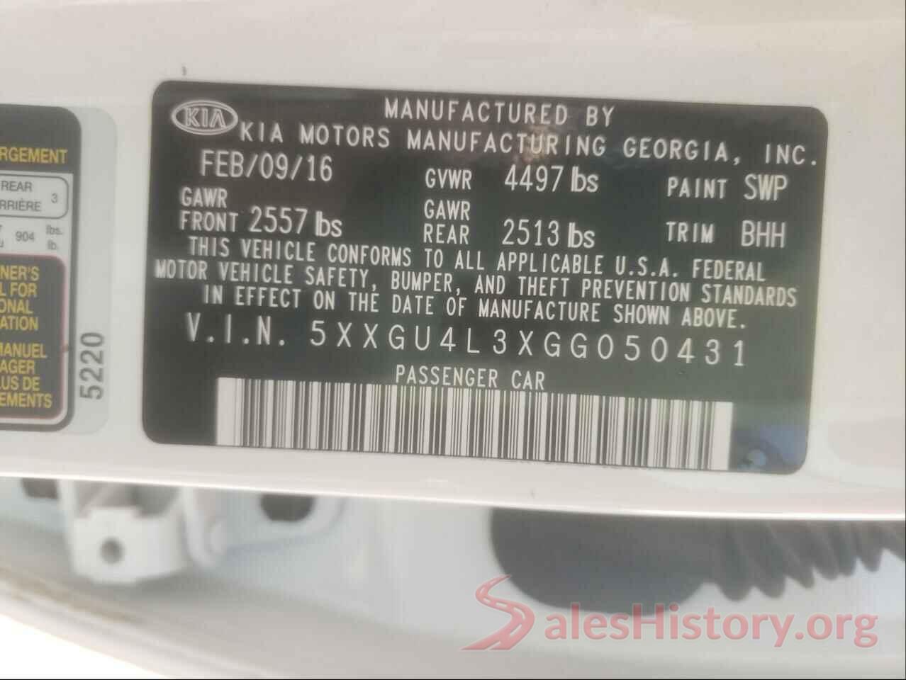 5XXGU4L3XGG050431 2016 KIA OPTIMA