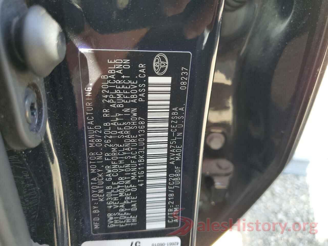 4T1G11BK3LU013687 2020 TOYOTA CAMRY