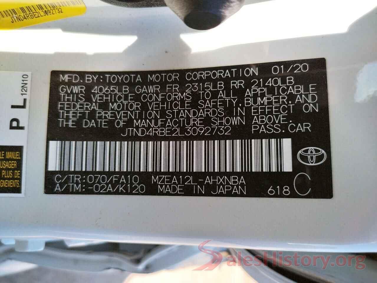 JTND4RBE2L3092732 2020 TOYOTA COROLLA