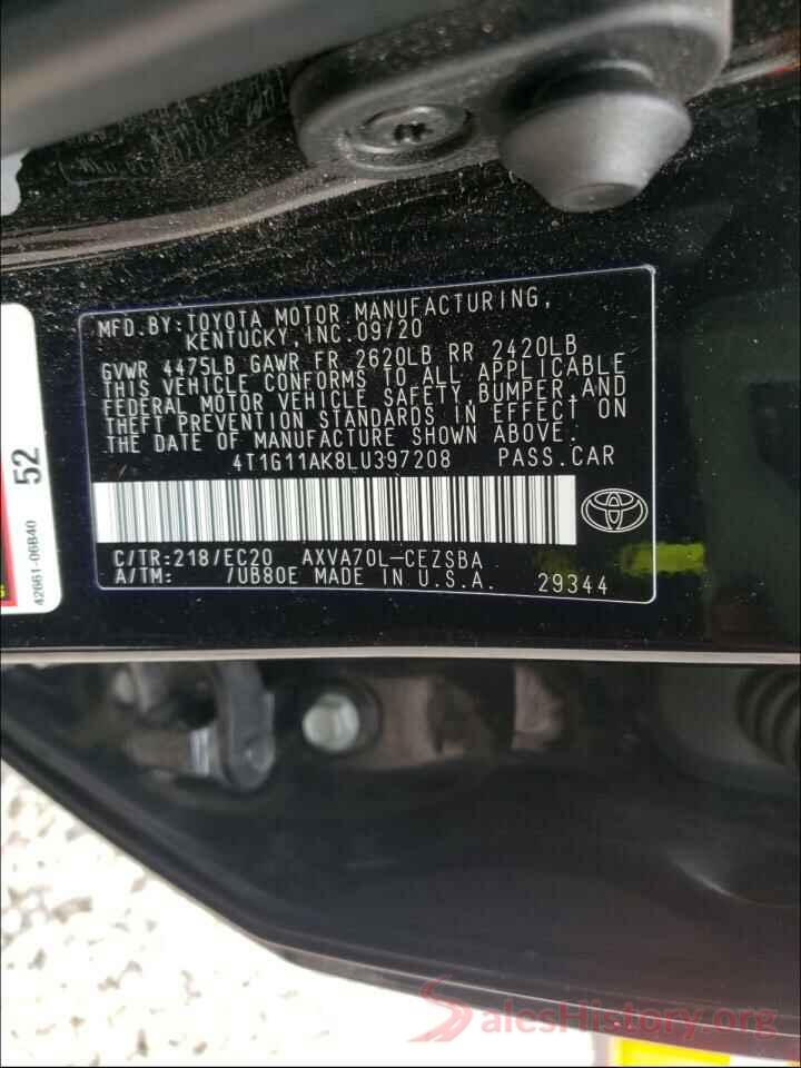 4T1G11AK8LU397208 2020 TOYOTA CAMRY