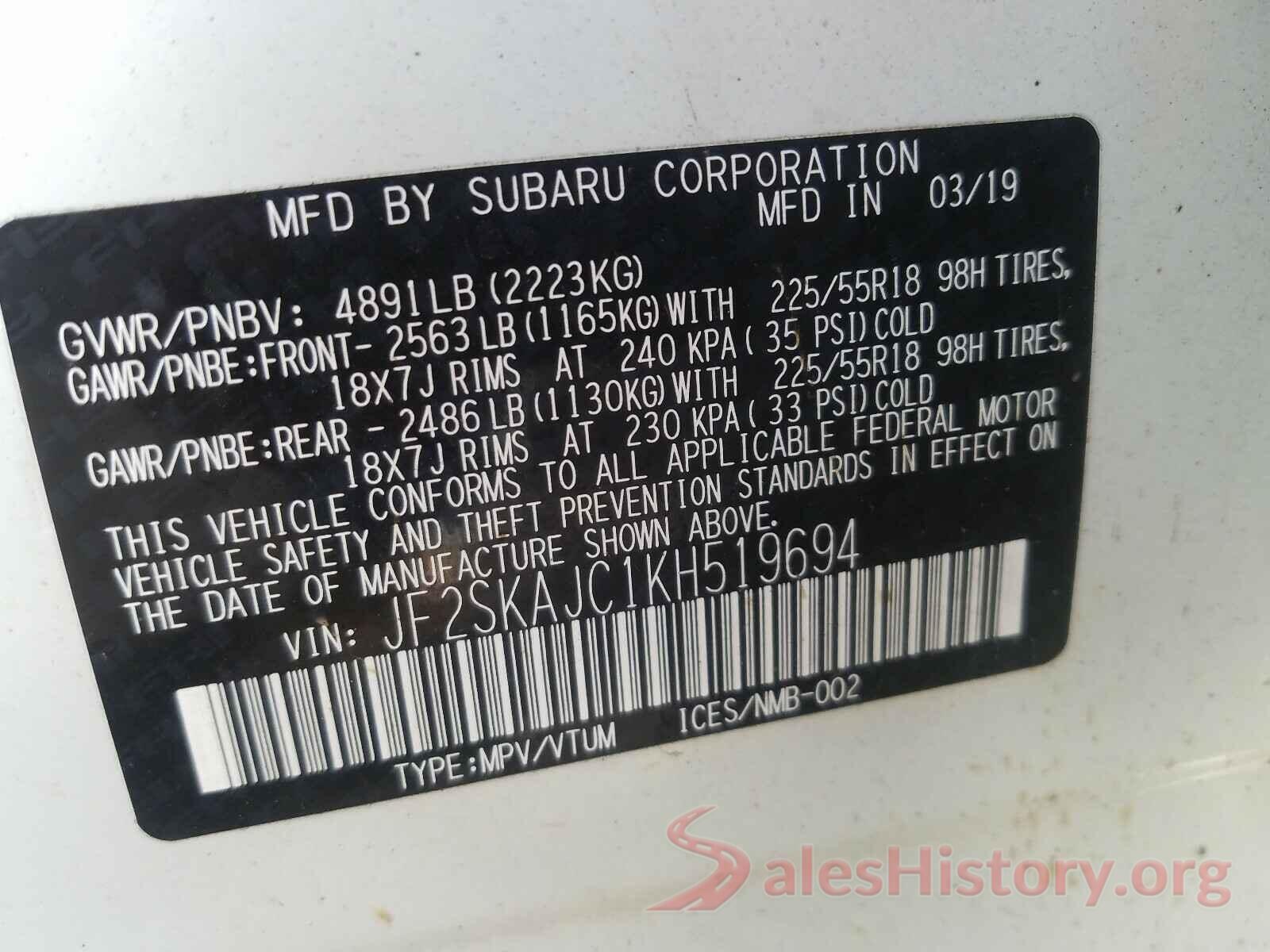 JF2SKAJC1KH519694 2019 SUBARU FORESTER