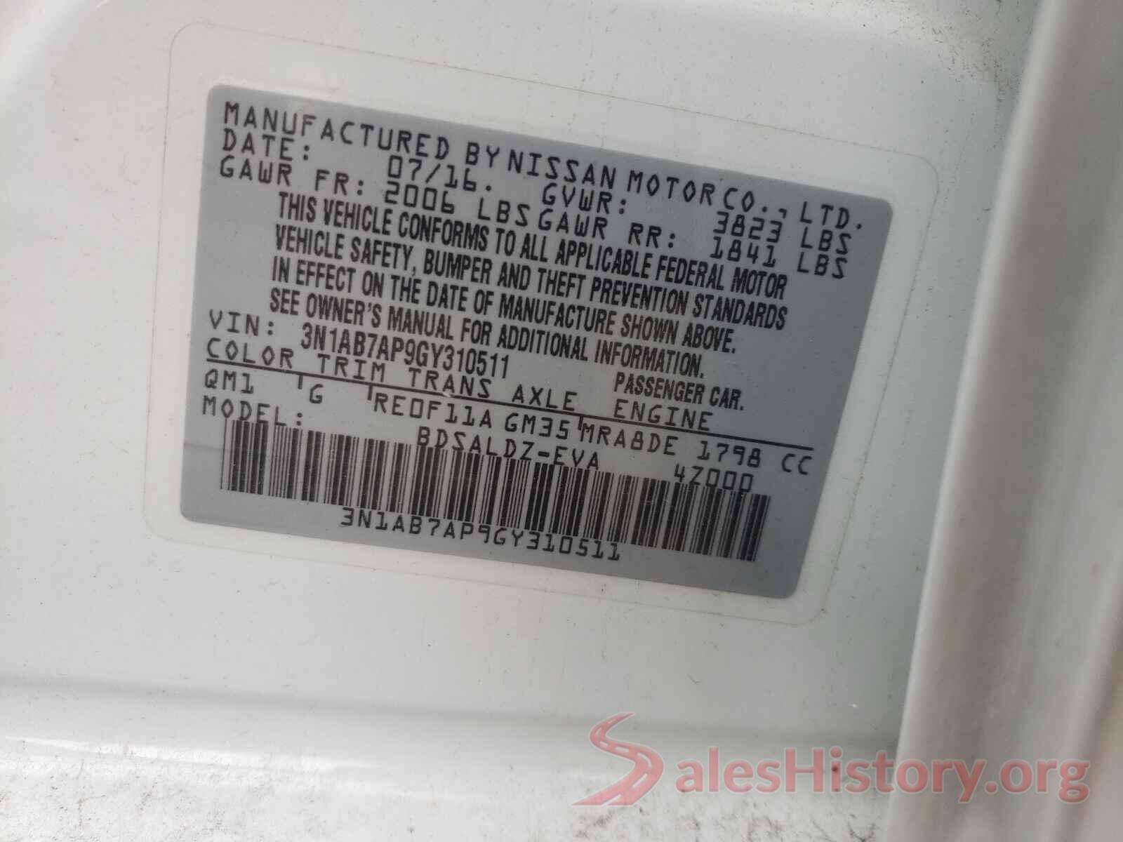 3N1AB7AP9GY310511 2016 NISSAN SENTRA