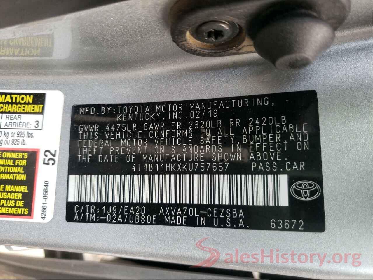 4T1B11HKXKU757657 2019 TOYOTA CAMRY