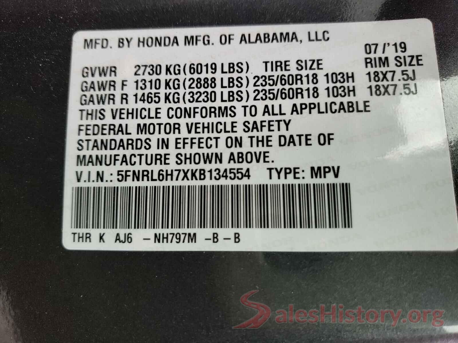 5FNRL6H7XKB134554 2019 HONDA ODYSSEY