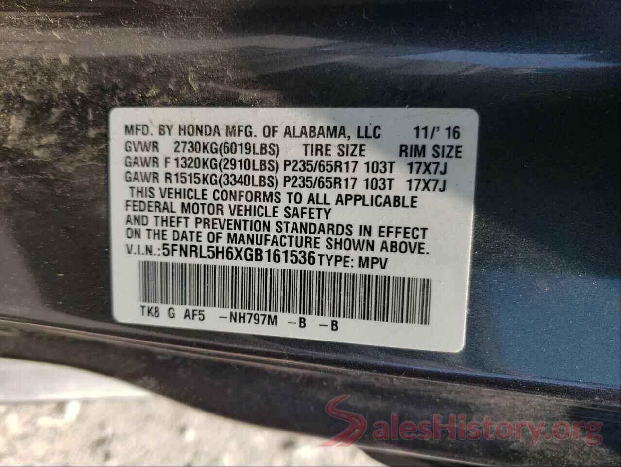 5FNRL5H6XGB161536 2016 HONDA ODYSSEY