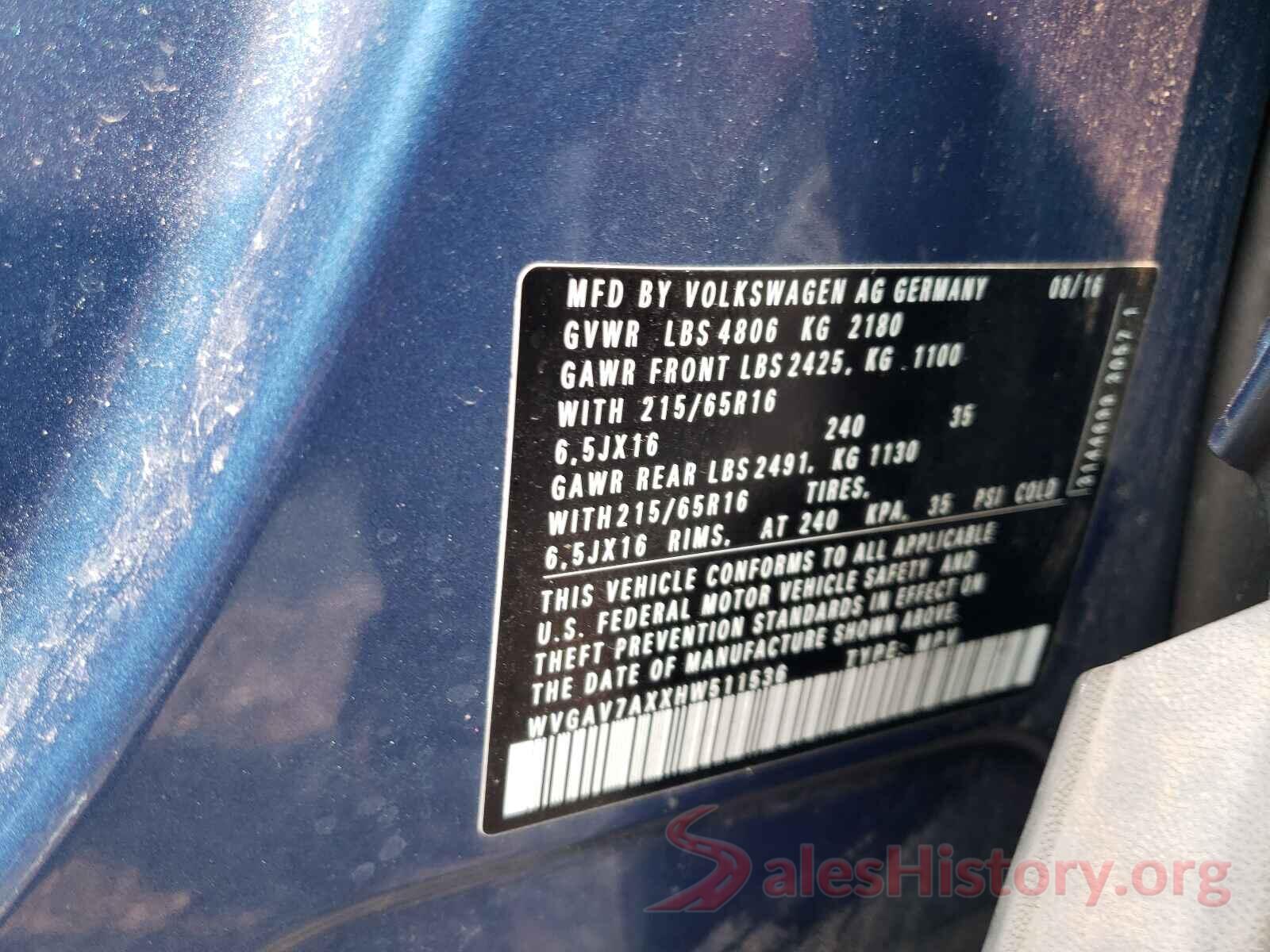 WVGAV7AXXHW511536 2017 VOLKSWAGEN TIGUAN