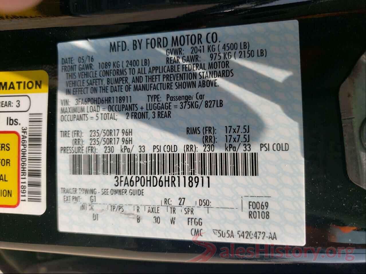 3FA6P0HD6HR118911 2017 FORD FUSION