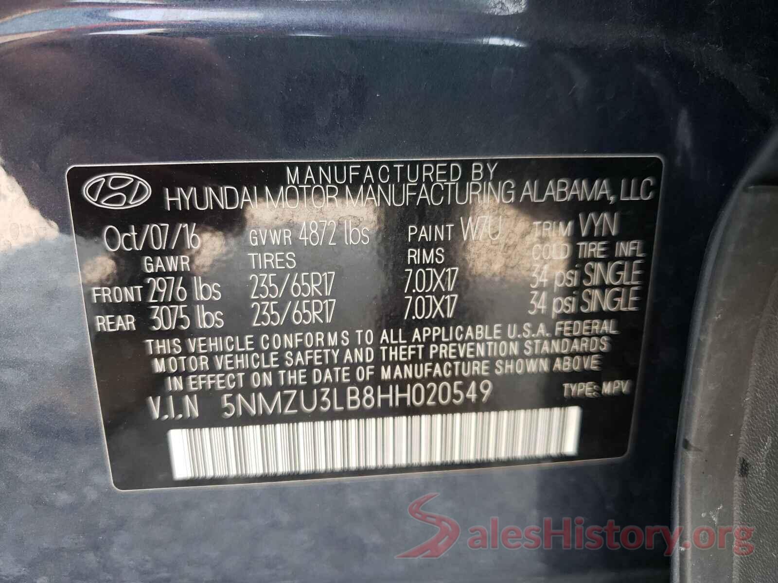 5NMZU3LB8HH020549 2017 HYUNDAI SANTA FE