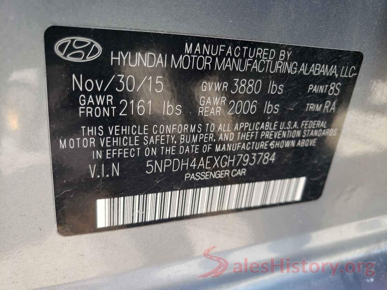 5NPDH4AEXGH793784 2016 HYUNDAI ELANTRA