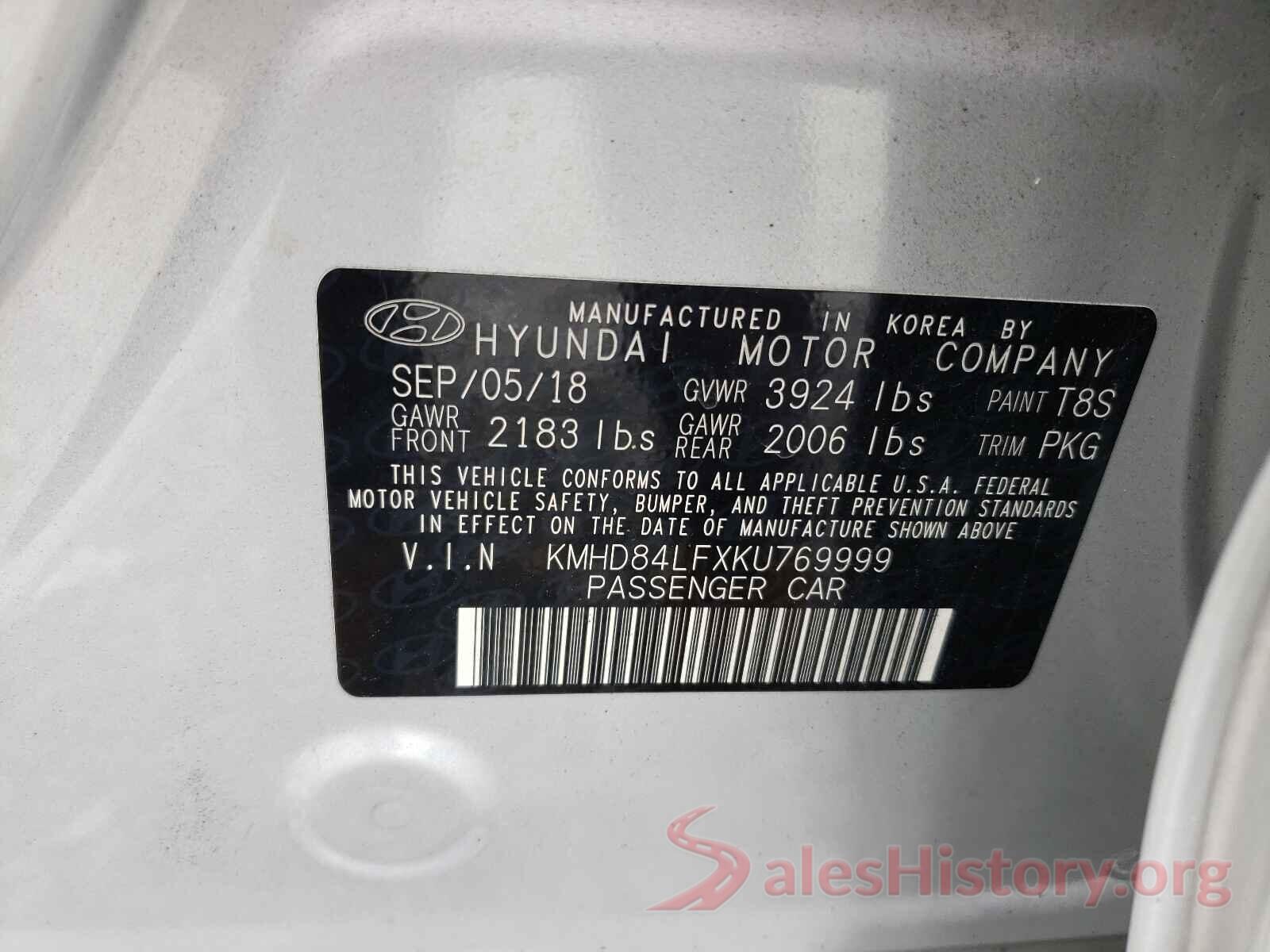 KMHD84LFXKU769999 2019 HYUNDAI ELANTRA