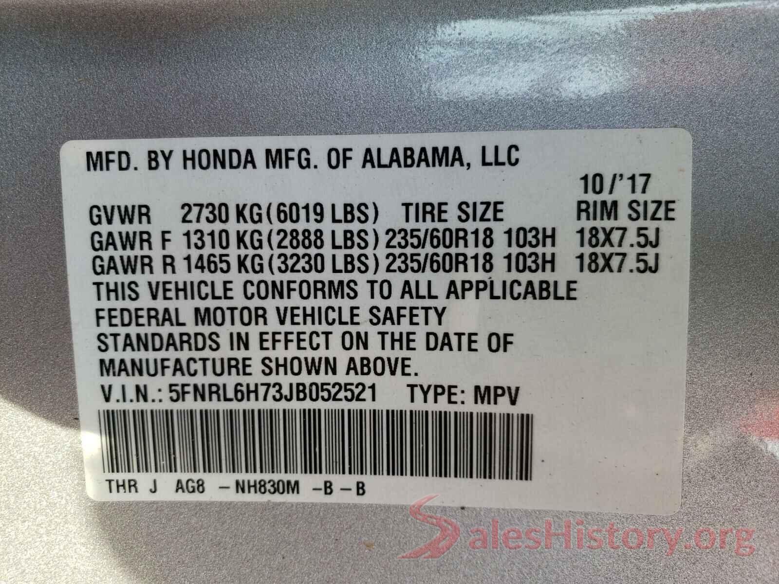 5FNRL6H73JB052521 2018 HONDA ODYSSEY