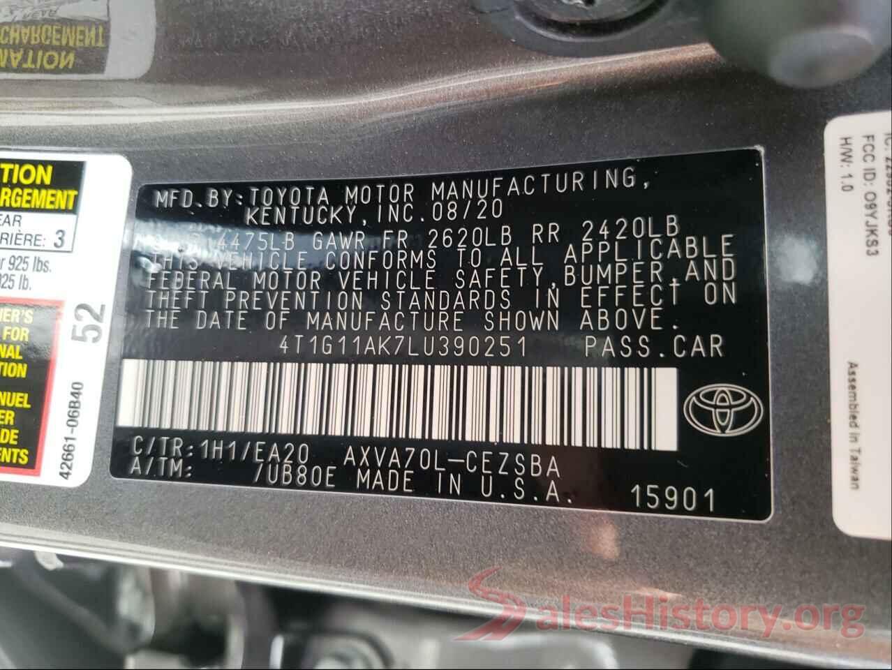 4T1G11AK7LU390251 2020 TOYOTA CAMRY