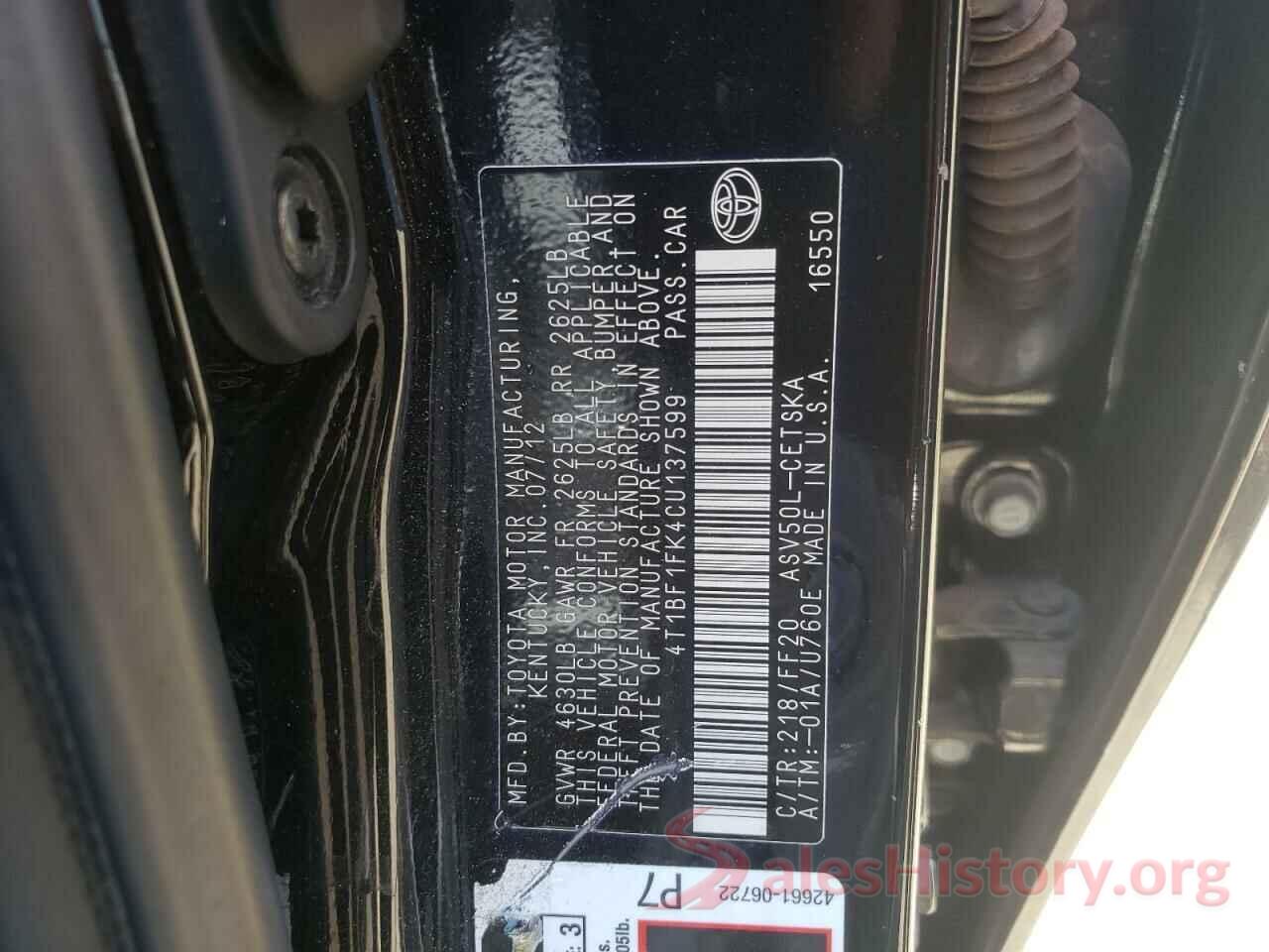 4T1BF1FK4CU137599 2012 TOYOTA CAMRY