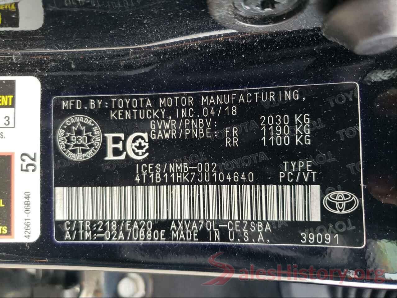 4T1B11HK7JU104640 2018 TOYOTA CAMRY