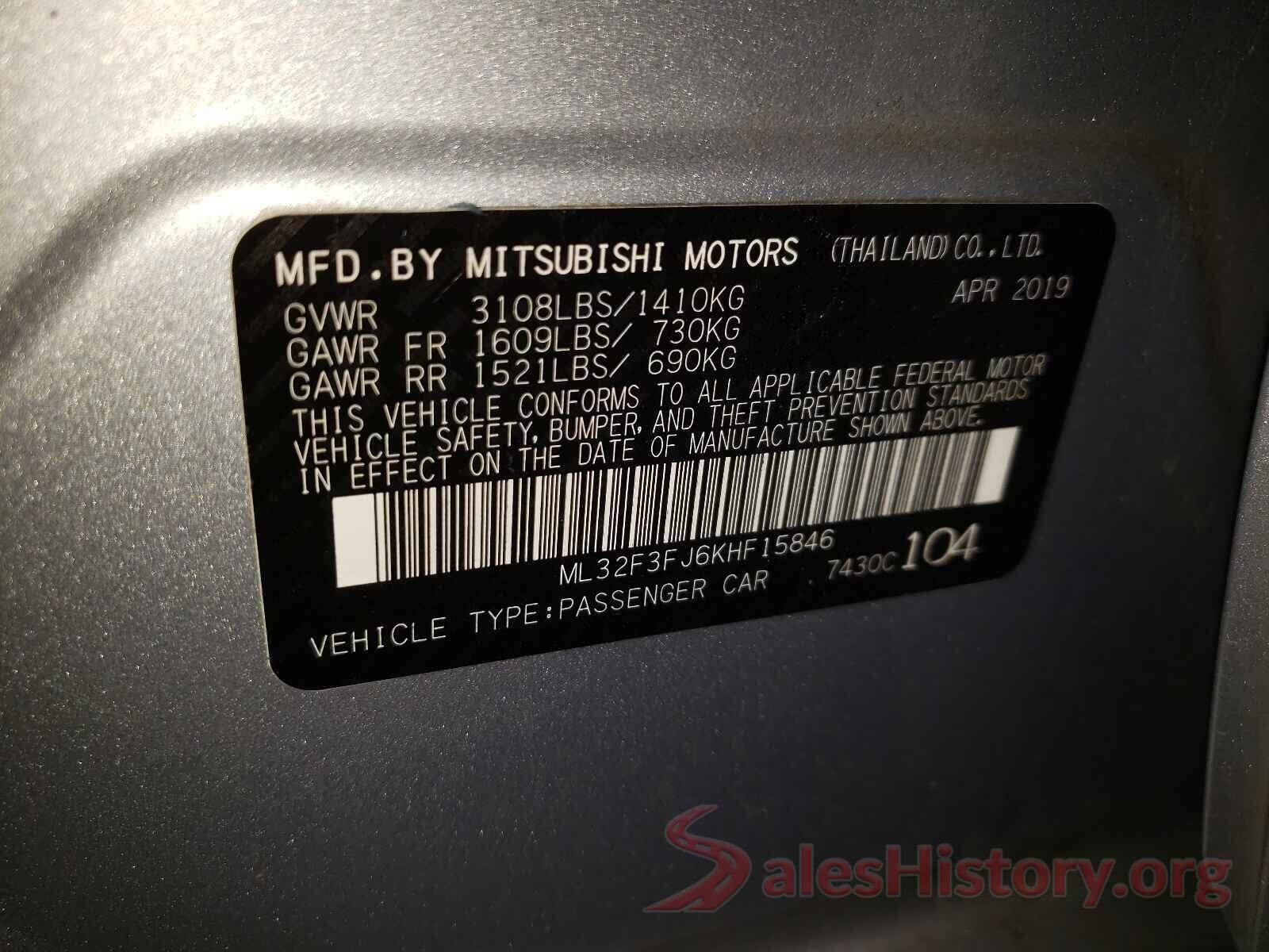 ML32F3FJ6KHF15846 2019 MITSUBISHI MIRAGE