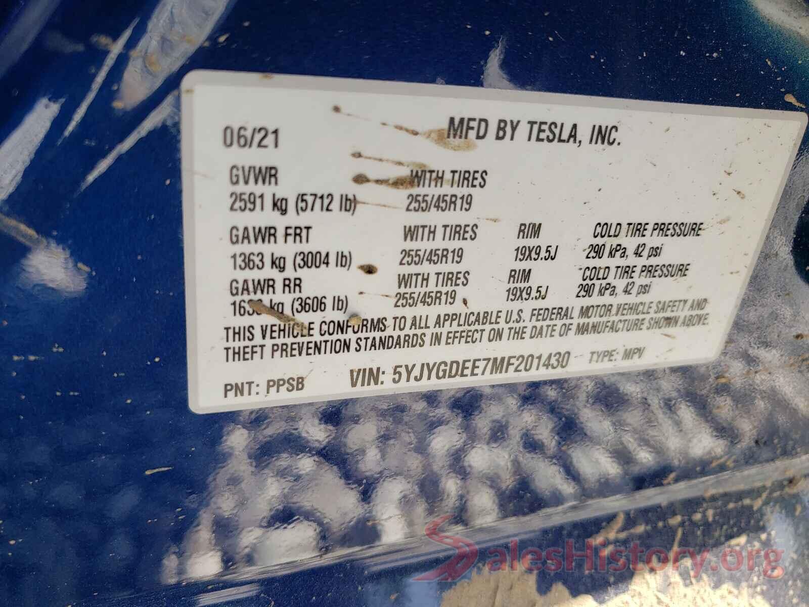 5YJYGDEE7MF201430 2021 TESLA MODEL Y