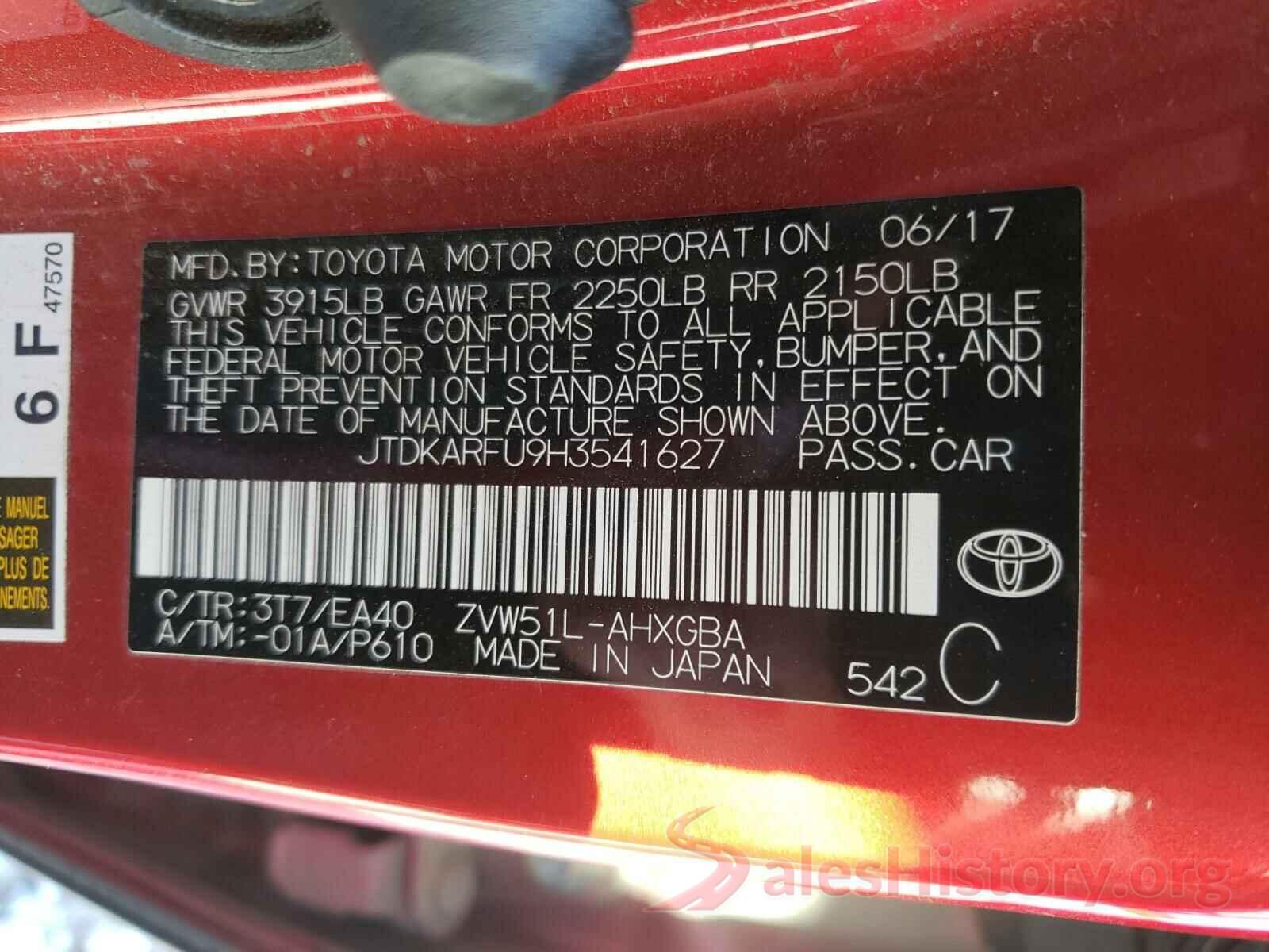 JTDKARFU9H3541627 2017 TOYOTA PRIUS