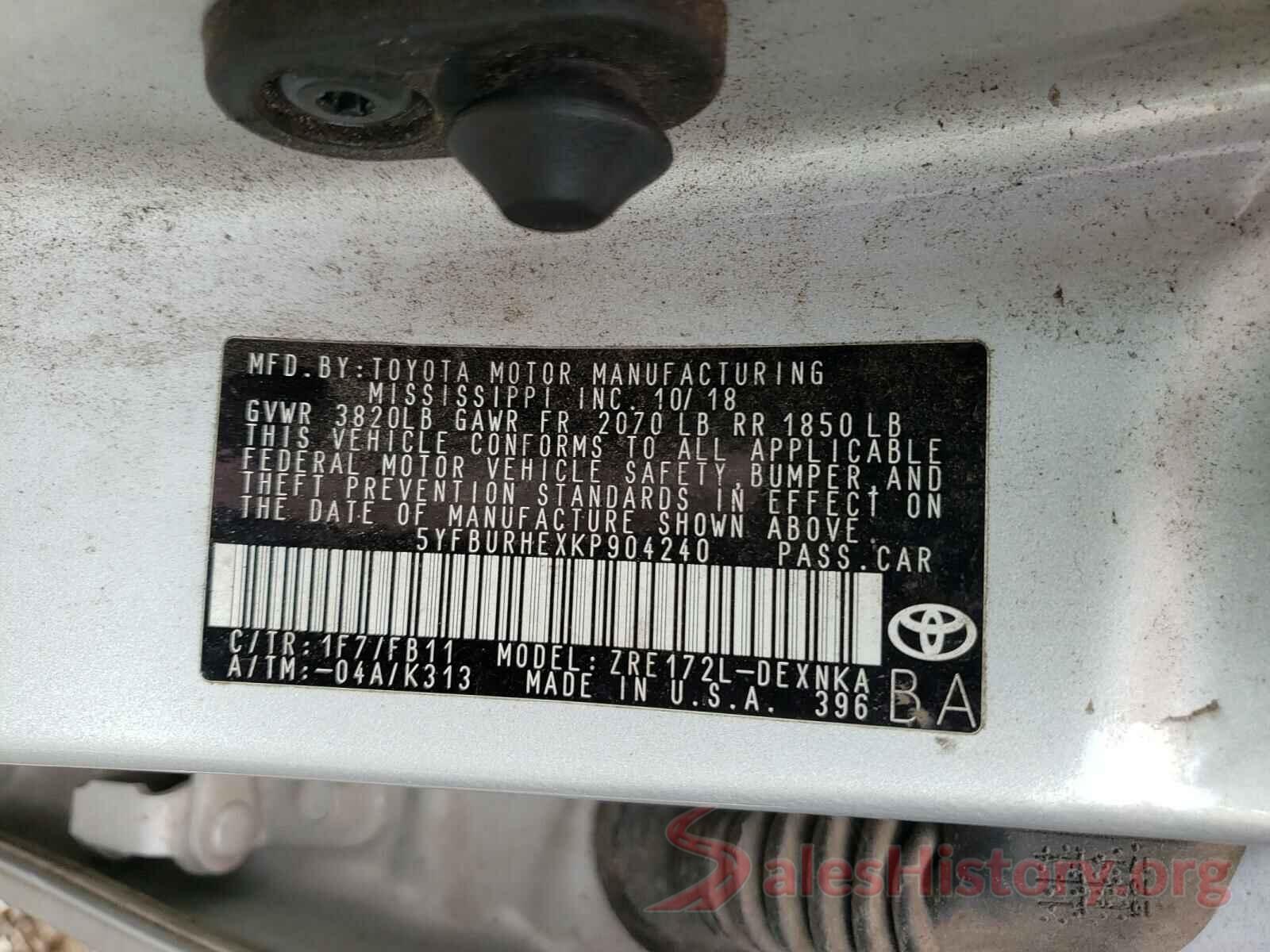 5YFBURHEXKP904240 2019 TOYOTA COROLLA