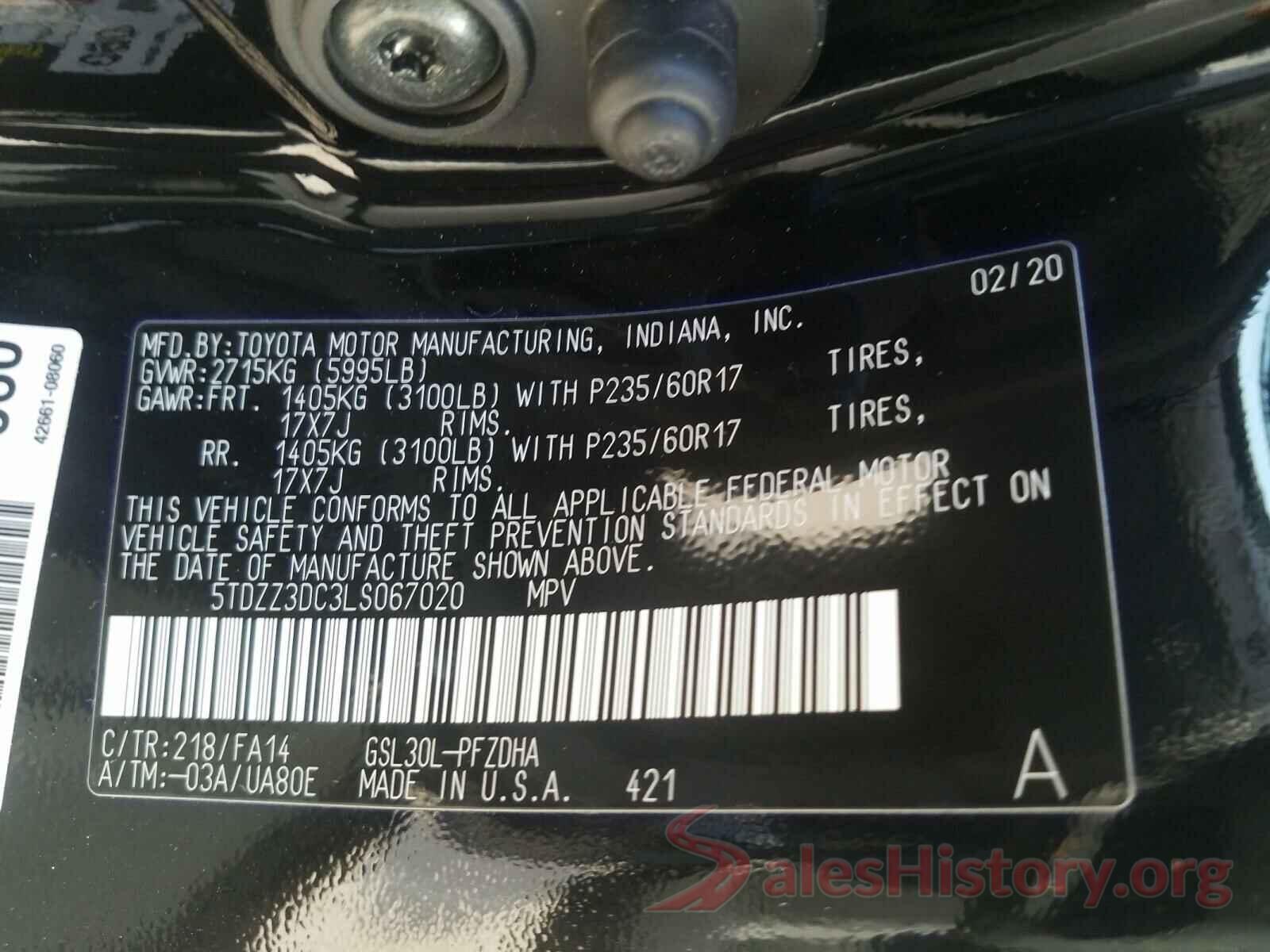 5TDZZ3DC3LS067020 2020 TOYOTA SIENNA