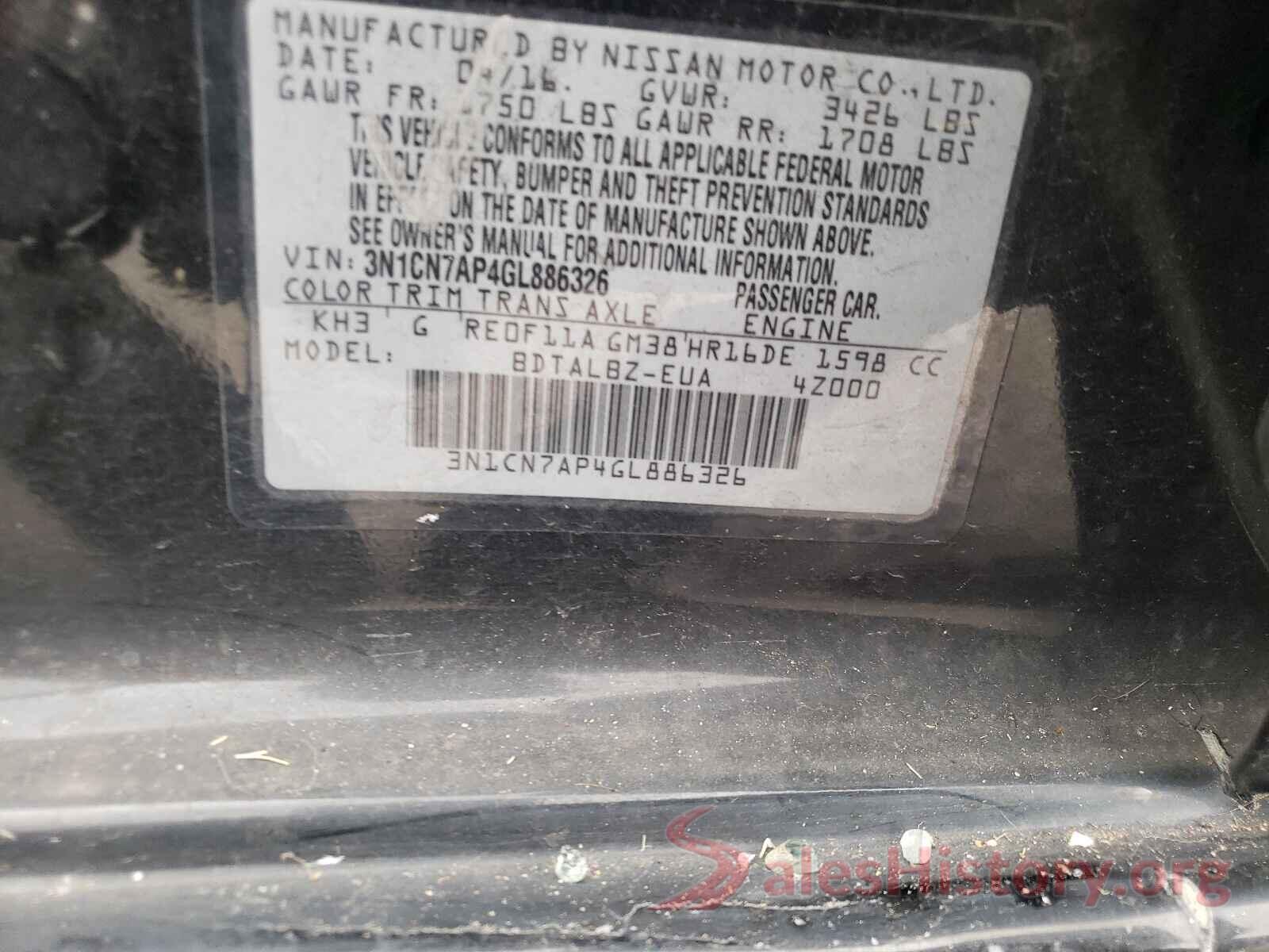 3N1CN7AP4GL886326 2016 NISSAN VERSA