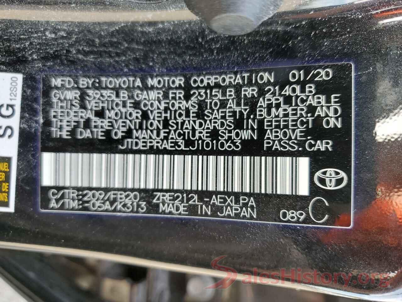 JTDEPRAE3LJ101063 2020 TOYOTA COROLLA