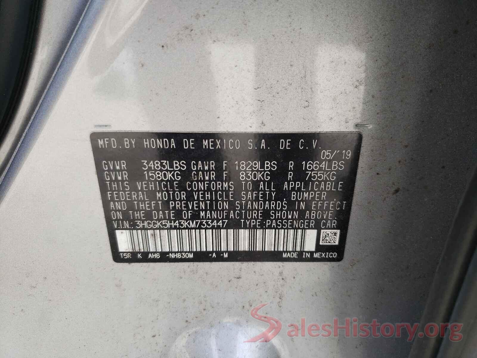 3HGGK5H43KM733447 2019 HONDA FIT