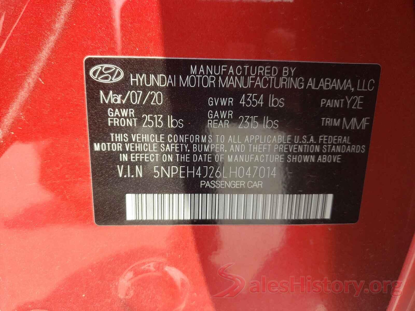 5NPEH4J26LH047014 2020 HYUNDAI SONATA