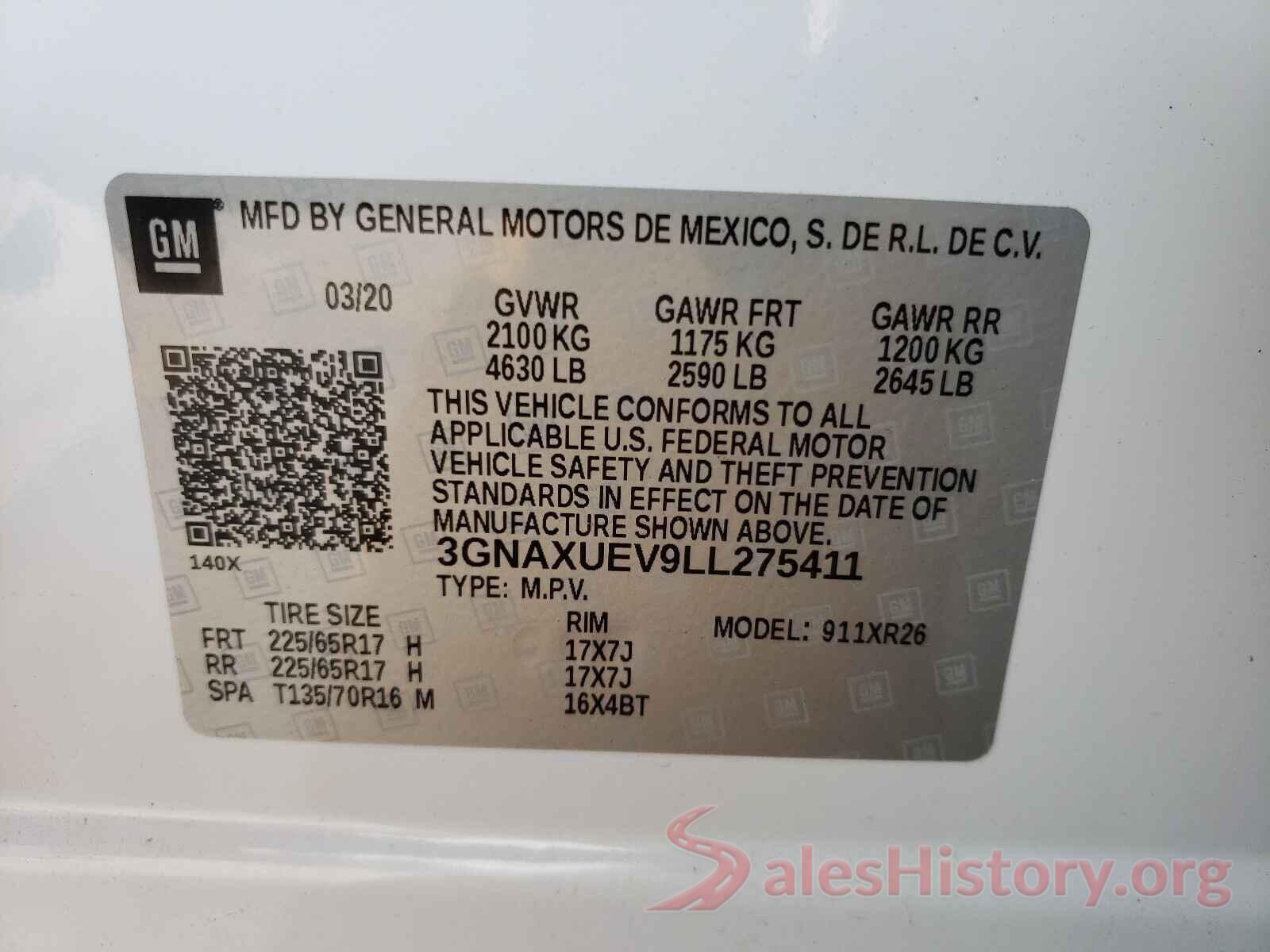 3GNAXUEV9LL275411 2020 CHEVROLET EQUINOX