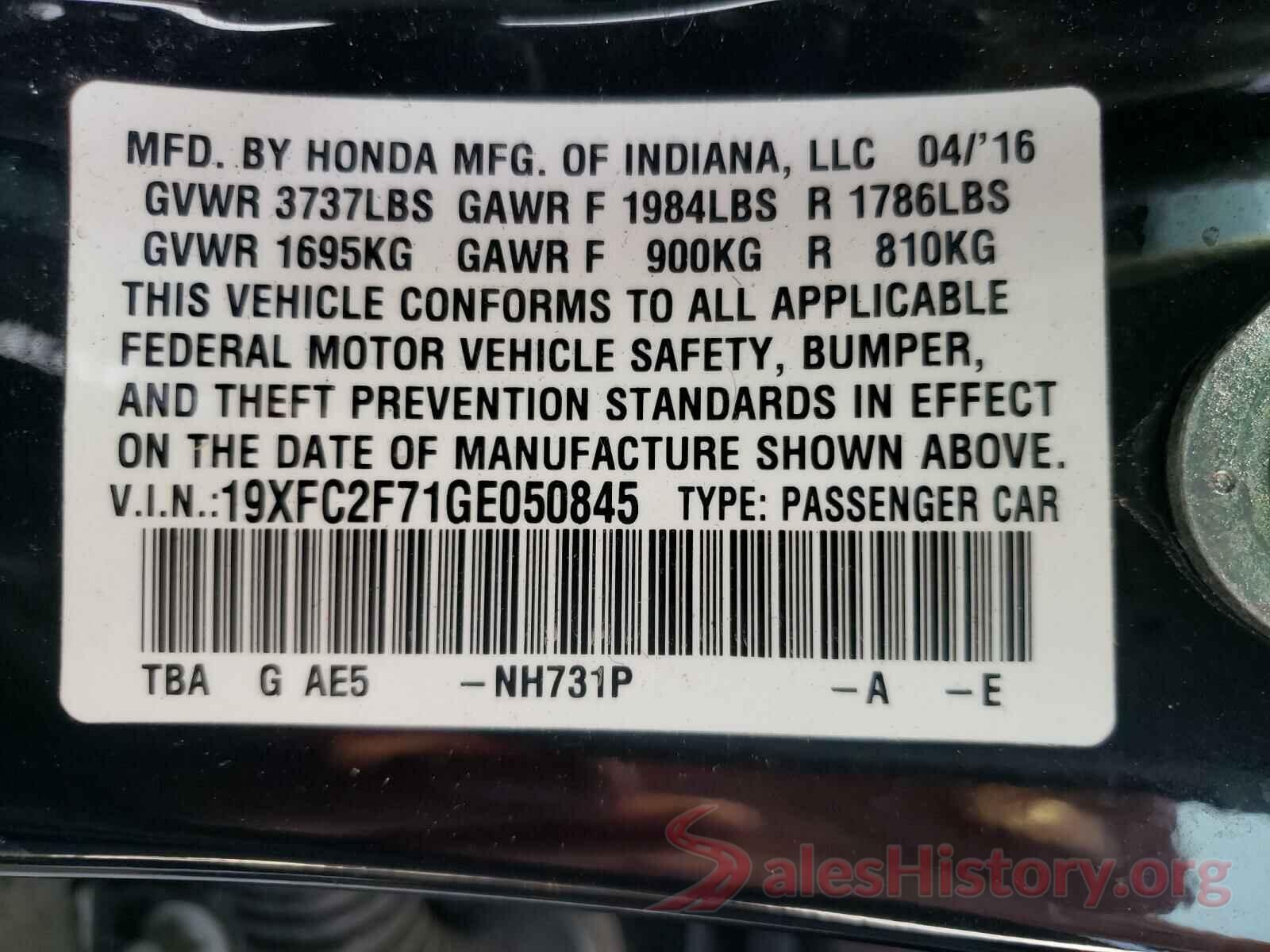 19XFC2F71GE050845 2016 HONDA CIVIC