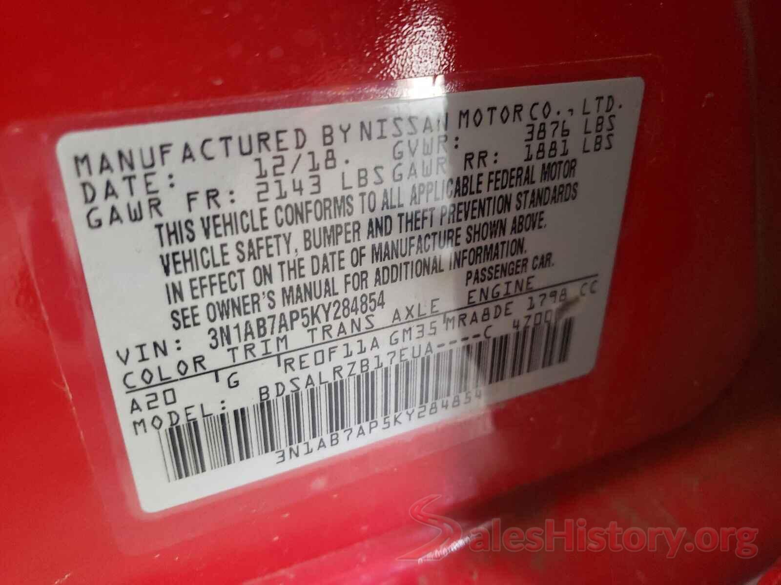 3N1AB7AP5KY284854 2019 NISSAN SENTRA