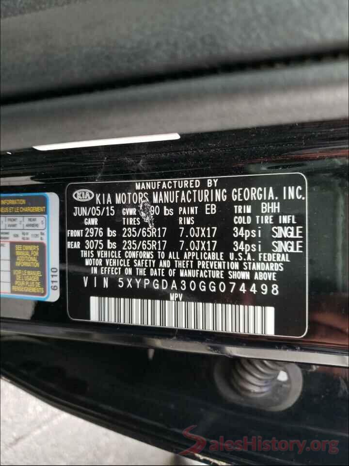 5XYPGDA30GG074498 2016 KIA SORENTO